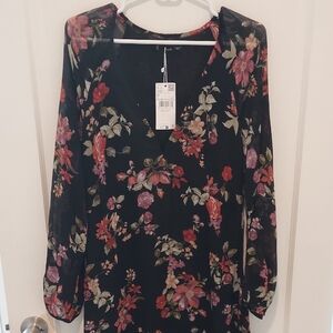 Mango Floral Full Length Long Sleeved Black Dress Size 6 NWT